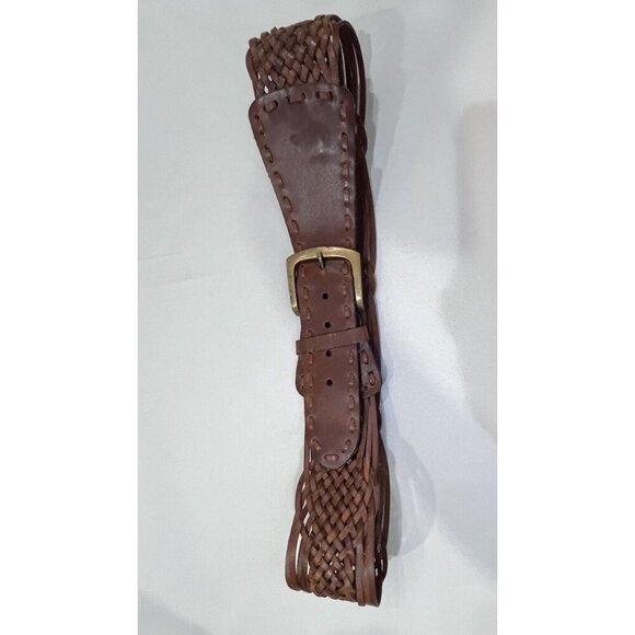 Weaved Braid Genuine Leather Belt Brown Square Buckle Size L 3” Wide - Picture 1 of 4